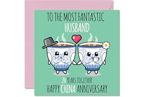 STUFF4 Cute China Anniversary Card for Husband - 20 Years Together - Happy 20th Wedding Anniversary Cards for Husband from Wife, 145mm x 145mm Greeting Cards for Twentieth Anniversaries
