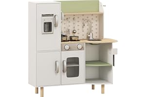 AIYAPLAY Cucina Giocattolo per Bambini 3-6 Anni con Macchina del Ghiaccio e Padelle, Cucina per Bambini con Ripiani e Armadietti per Utensili e Stoviglie, 84x34x89 cm, Bianco e Verde