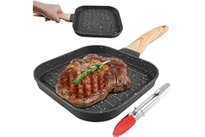 SPORWAY Poêle à griller 18 x 18 cm, en fonte d'aluminium, rectangulaire, avec poignée amovible, anti-adhésive, pour tous les types de feux, four et lave-vaisselle