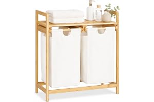 Relaxdays badrumshylla och tvättkorg med 2 utdragbara tvättsäckar, dubbel tvättsortering, tvättunna 60l stor, bambu