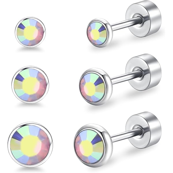 Kakonia Orecchini In Titanio G23 Per Orecchie Sensibili – Perno Con Zircone Piatto Sul Retro – 20G, 2/3/4 Mm, Ipoallergenici