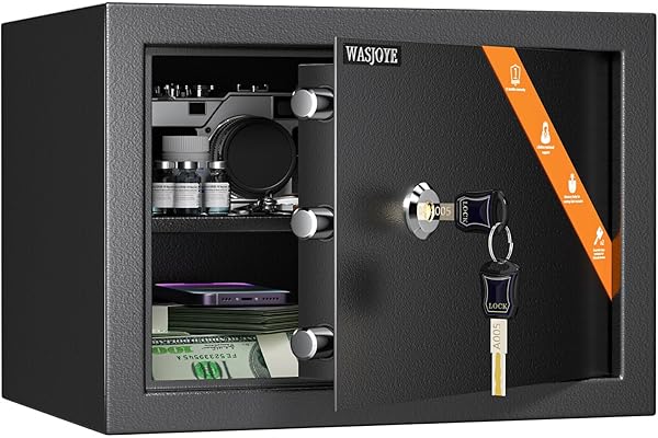 Coffre-Fort avec 2 Clés, WASJOYE Boîte de Serrure à Clé, 19L Boîte de Sécurité à Domicile/Bureaux, Coffre-Fort en Acier pour Ranger l'Argent, Bijoux, Médicaments, Téléphones, Passeports, 25*35*25cm