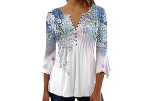 ABYOVRT Elegancka bluzka damska, dekolt w serek, rękaw 3/4, tunika, top, luźna bluzka w kwiaty, Henley, długa koszulka w luźnym stylu, koszulka z długim rękawem, S-XXL