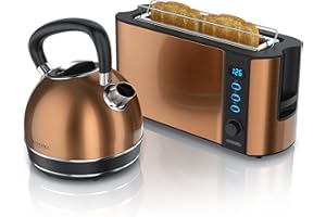 ‎ARENDO Arendo - Wasserkocher mit Toaster SET Kupferoptik - Wasserkessel max 2200W, Kalkfilter, 1,7 Liter, 2 Scheiben Langschlitztoaster inkl. Brötchenaufsatz, Frühstücksset