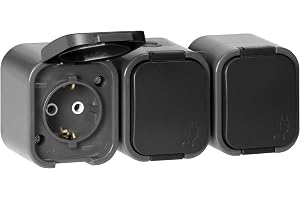 MIRATIC Trippel Utanpåliggande Schuko Uttag IP54 med Lock Stänkskyddat Eluttag 16A 250V Garage Verkstad Trädgård (gråsvart)