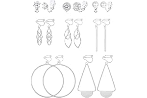 JeweBella 8 Pares Pendientes Clip Mujer Niña Largos Colgantes Pendiente Oreja sin Agujero Hipoalergénico Pendiente Clips de Circonita Perla sin Piercing Pendientes Falso Plata Oro