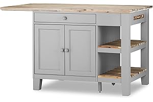 FLORENCE FURNITURE Florence Kitchen Island With Cupboard 2 Drawers and Shelves | Large Dove Grey Breakfast Bar Island W150cm, H91cm, D90cm with Chopping Board & Wooden Drawer Utensils Organiser