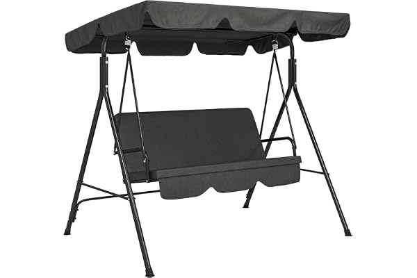 Outsunny Balancelle de Jardin 3 Places Toit Inclinaison réglable Coussins Assise et Dossier 1,72L x 1,1l x 1,53H m Acier Noir Polyester Noire
