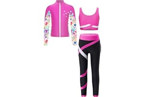 TiaoBug Enfant Fille Ensemble Patinage Artistique Vestes Top Strass Zippée Manches Longues et Débardeur Legging de Sport Survêtement Justaucorps Gymnastique 5-16 Ans