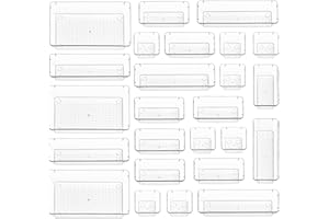 Stackzy Drawer Organiser Set – Makeup Organiser Tray for Drawers – Clear Cosmetics Container Tray for Bedroom – Utensil Cutlery Set Divider – Kitchen Storage & Organisation – 25pack