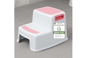 ADRIANO PORCARO Ap® – Escalón Rosa I Taburete de plástico I Adultos y niños I Taburete Infantil de Dos Niveles con Superficie Antideslizante, baño y Cocina, Taburete Antideslizante, 26 cm de Alto, Estable 80 kg