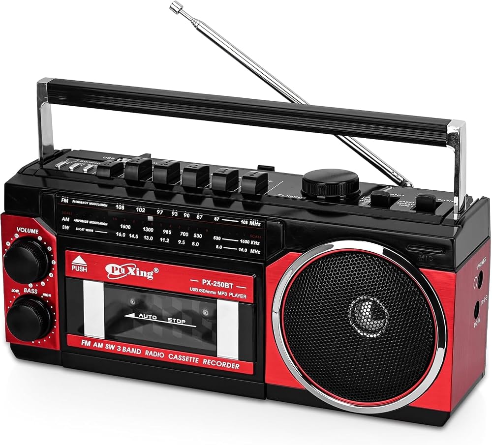 Coverzone Kaset Çalar, Taşınabilir Kaset Teyp Çalar, FM/AM/SW Frekans Bandı Destekli Kaset Kaydedici, Kaset/Bluetooth/Kart Girişi/Kayıt Özellikli, Pilli/Elektrikli Kullanılabilir, PX-250BT (Kırmızı)