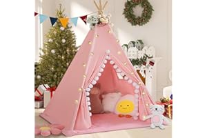 WIRHAO Tipi Zelt für Kinder mit gepolsterter Matte Baumwolle Canvas Tipi Kinder Zelt mit Pompom Indoor Kinderzelt für Mädchen Jungen mit Sternen Lichter, Tragetasche, Banner Flagge (Rosa)