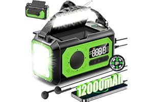 WHOLEDE 12000mAh Kurbelradio mit Handyladefunktion, Solar Radio mit 2 Sonnenkollektoren, AM/FM Tragbar Notfallradio mit Kopfhöreranschluss/Leseleuchte/LED Taschenlampe/Kompass/SOS Alarm für Camping Outdoor