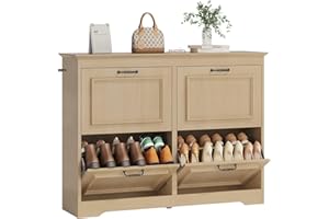Brinlawb Meuble à Chaussures Entree, Armoire à Chaussures avec 4 Portes abattantes, Séparateur Réglable, Peut contenir 18 à 24 Paires de Chaussures pour entrée, Couloir, séjour, Chambre, Bois Clair
