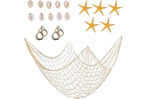 KIGHDEL Fishing Net Decoration with Sea Shells Balloon Drop Net for Ceiling Fishing Net Decoration Wall Hanging Contains 17 Marine Decorative Accessories for Party Home Wedding (Beige 100 * 200cm)