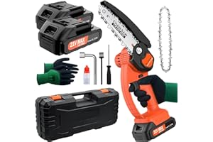 GENERIC Mini Chainsaw, 6 Inch Portable Electric Handheld Cordless Chain Saw with 2 * 2000 mAh Battery and 2 Chains, One-Handed Portable Chainsaw for Tree Branches, Courtyard, Household & Garden