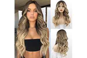 FESHFEN Perruque Marron Blonde Longue Ondulée Lace Frontal, Naturelle Femme Perruques Synthétiques de Séparation Moyenne pour Fêtes et Quotidien Ombré Blonde mélangé à Marron 65 cm