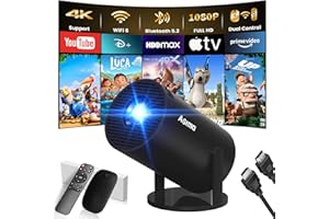 AGIMA [App Intégrée] Mini Vidéoprojecteur 1080P 4K Supporte Mini Projecteur Portable, Dual Contrôle avec Souris Android TV WiFi 6 BT5.2 180° Rotation HDMI/TV Stick/USB/PS5/Laptop, avec HDMI et Souris, Noir
