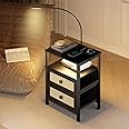 Dystler Nightstand with Charging Station, End Side Table with 2 Fabric Drawers and Open Shelf, Smart Bedside Table with Reading Light/LED Light/Human Sensor for Bedroom, Living Room, Black