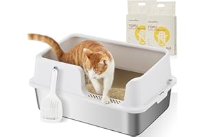 FUKUMARU Kuweta ze stali nierdzewnej, wysoka metalowa kuweta dla kota z dwoma workami na żwirek, bardzo duża zamknięta, nieprzywierająca, łatwa do czyszczenia, XL, zawiera żwirek i miarkę