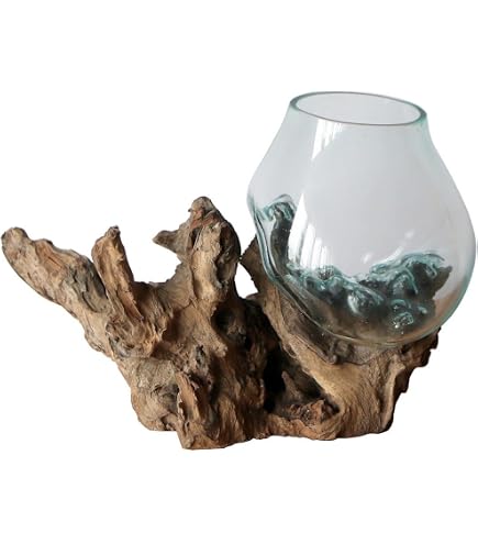 Vase Design En Verre Soufflé Sur Racine De Bois - Décoration Méditerranéenne - Fait Main à Bali - Taille XS (11 Cm)