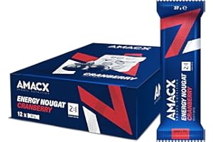 AMACX Barrita Energética de Nougat y Fruta – Paquete de 12 – Barritas Energeticas Ciclismo y Running – Healthy Snacks con 32g de Carbohidratos y proteina – Arándano Rojo