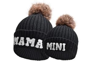 Kunyeah 2 cappelli da donna per genitore-figlio, ricamati, lavorati a maglia, per mamma e bambino, cappelli invernali caldi con pompon