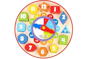 Woody Treasures Teaching Clock + Shape Sorter - Glow in the Dark Wooden Toy for Kids Ages 2 & Up - Colourful & Educational Toys for Toddlers/Preschoolers, Girls & Boys