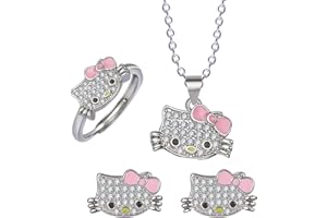 FYFLYMT K-itty Kawaii Necklace, K-itty Earrings Girls, K-itty Cartoon Ring, 3-Piece K-itty Jewellery Set, Necklace Chain Jewellery Gifts for Women, Teenage Girls, Alloy Steel, 1