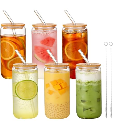SMLJFO Lot De 2 Verres à Boire En Forme De Canette Avec Couvercles Bambou Et Pailles - 395 Ml