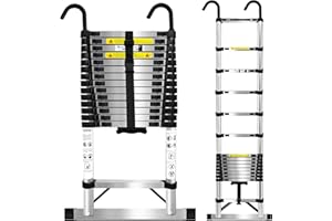 Brstheco 6.3m Scala telescopica in Acciaio Inossidabile,Scala Telescopica Pieghevole con Ganci Staccabili Barra Stabilizzatrice,Scala Retrattile Adatto per Migliorie domestiche Carico 150 KG