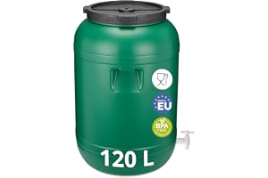 Garronda bredhalsfat 120 L med kran foderfat med lock utan packning – BPA-fri HDPE-behållare för vatten, förvaring, djurfoder