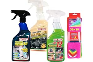 Ma-Fra Kit Trattamento Auto Interno ED Esterno. TRATTAMENTO 3IN1 TESSUTO- PLASTICHE- SGRASSANTE MULTIUSO HP 12, più 7 Panni Microfibra Multiuso 30x35 cm