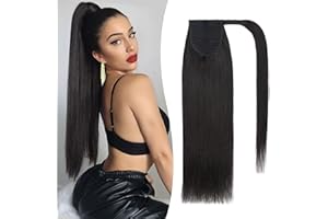 Benehair Extension Queue de Cheval Cheveux Natural, 100% Vrais Cheveux Extensions, Longue Raides Wrap Around Extension, Noir Naturel Cheval de Cheveux pour Femmes, 35cm 80g #1B