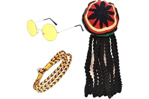 FUIPVGI 3 Stücke Mütze Rasta Dreadlocks mit Gelber Brille, Geflochtenes Armband, Reggae Hut Rasta Hut, Jamaikanische Dreadlocks Perücke, Maskerade-Kostümzubehör für Partys, Cosplay