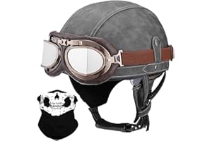 BYGMW Deutsche Leder Motorrad Halbhelme mit ECE, Vintage Helme mit Schutzbrille, Jethelm Retro, Chopper Helm, Scooter-Helm, Fahrradhelm, mit Sonnenblende und Herausnehmbares Innenfutter
