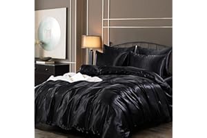 Guchuang Bedding Silk Satin Double Size Complete Bedding Set 6 Pieces Black Duvet Cover Luxury Style Ultra Soft Microfiber Quilt Cover 200x200cm with 1 Fitted Sheet, 4 Pillowcases