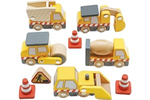 Le Toy Van - Cars & Construction Wooden Construction Vehicles Pretend Play Play Set With Lifting Crane, Scoop, Roller, Digger, Tip-up Truck and Cones Builder Toy, Pretend Play Toy Suitable For Age 3+