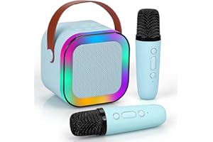 YUNSYE Karaoke Machine with 2 Wireless Microphones, Bluetooth Speaker, LED Lights, Voice Effects, 9 x 7.2 cm, for Kids and Adults (Blue)