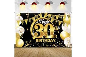 Bluelves Black Gold Birthday Decoration, Birthday Banner, Birthday Party Decor for Woman Man, Birthday Background Banner, Extra Large Fabric Sign Poster for Birthday Party Decoration