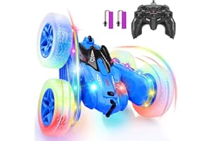 SGILE Coche teledirigido, Coche acrobático con Luces LED, Coche de Carreras Que Rota 360 Grados con Doble Cara a 2.4Ghz, Coche RC Recargable, Juguete para niños y niñas, Regalo de cumpleaños, Azul