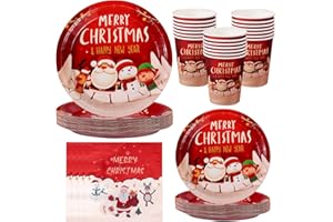 PYAILI Vaisselle Noël, 64 Assiettes en Carton, Vaisselle de Fête de Noël pour 16 Invités avec, Assiettes, Serviettes et Gobelets Pour Anniversaire, Mariage, Jubilé