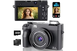 4K 75MP Digital Camera with WLAN, 3-Inch LCD Screen, Photo Camera with 18x Zoom, Front and Rear Lens, Short, 2 Batteries