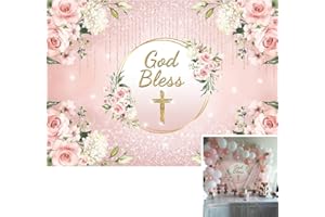 BINQOO 7x5ft Pink God Bless Backdrop Girl Baptism Party First Holy Communion Christening Photo background Pink Golden Floral Cross Background Birthday Baby Shower Favors Gifts Photoshoot Props
