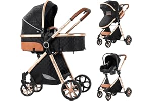 AVEAINELLE 3-in-1 Reisesystem, Kinderwagen für Neugeborene & Babys, mit Babyschale, verstellbares Sonnendach, von 0-36 Monaten, Schwarz-Gold (V9)