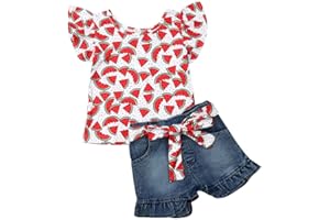 Geagodelia 2 Pezzi Completo Bambina Estivo Maglietta Stampa Anguria/Fenicottero a Maniche con volant+Pantaloncini in denim 1-6 anni (Rosso, 5-6 Years)