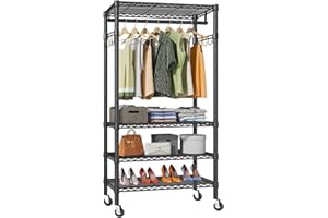 Solerconm Portant à Vêtements avec Étagères à Chaussures et Roulettes, Porte-manteau Rangement Penderie 3 Couches avec Crochets 90 x 45 x 187 CM, Charge Max 180 KG Noir