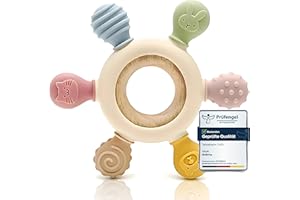 CAJA Beißring Baby BPA freie Zahnungshilfe und Beißspielzeug aus Silikon und Holz Greifring mit Tiermotiv Geschenkidee zur Geburt Sicheres Babyspielzeug für Jungen und Mädchen