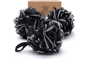 WOKELAI Lot de 3 grandes éponges de bain en luffa de 75 g XL pour femmes, hommes et enfants en maille douce, exfoliante douce avec charbon de bambou pour un nettoyage soyeux et lisse de la peau